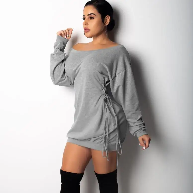 Frauen Hoodie Sweatshirts Kleider Winter mode Übergroße Damen Pullover Schnüren Schulter Kapuzen kleid Y12324