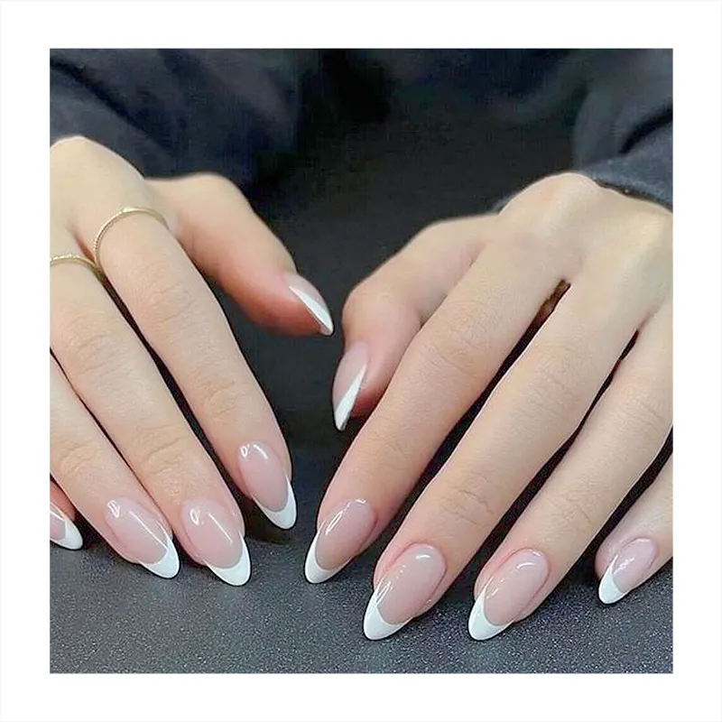 New Arrival Simple Long Almond French nails Nude Mirror Nail Tip Top Paint White Low MOQ Wholesale Factory Custom Press On Nails