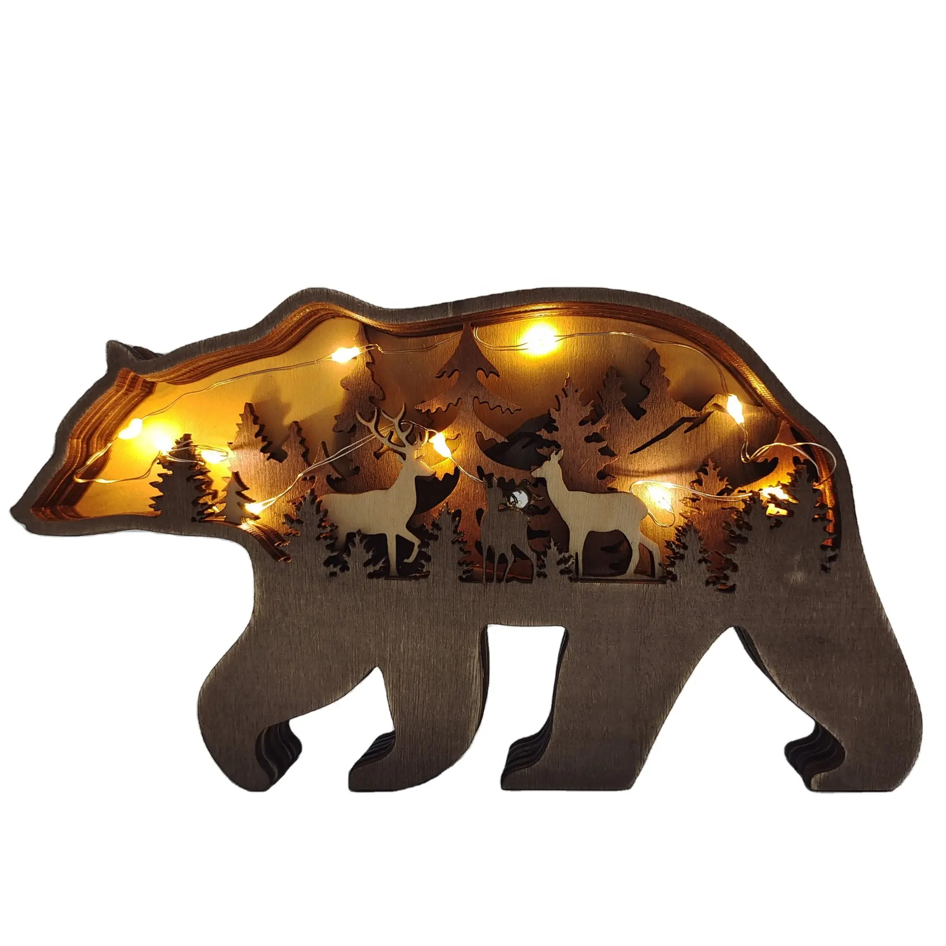 Decoración navideña de madera tallada a mano, animales tallados, arte de pared para el hogar, adornos de oso tallados de madera rústica LED