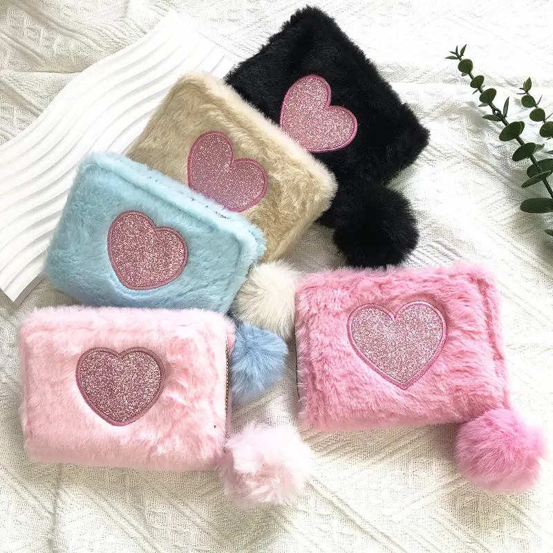 Promotion Gift RTS Heart Plush Coin Embroidered Pink Glitter Heart Purse mini pouch for Women girls Wallet Zipper Card Holder