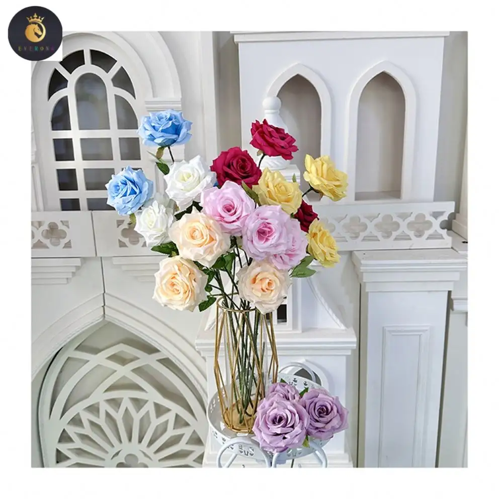 Flor artificial de rosas com 3 cabeças, flor de sonho decorativa de toque real de alta qualidade