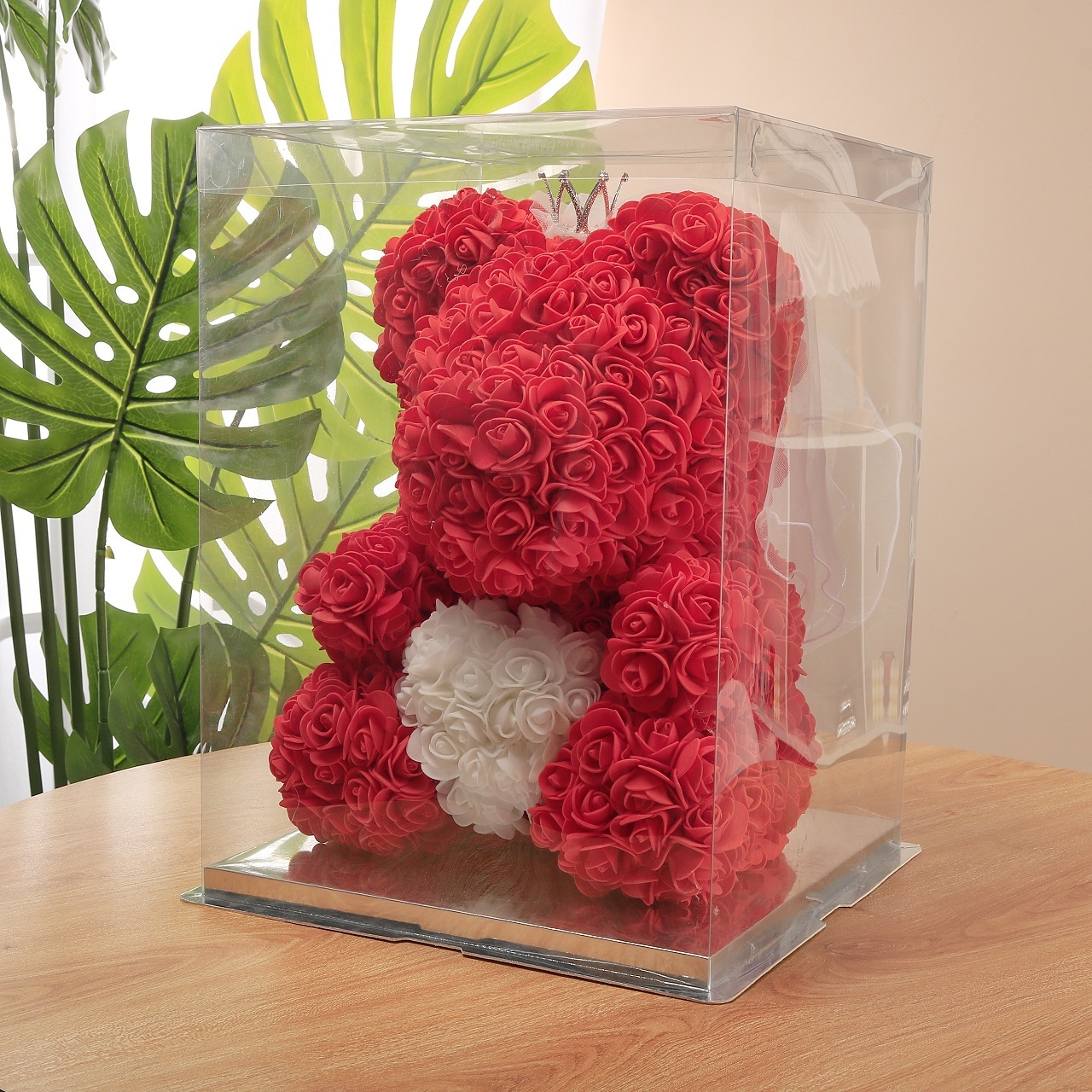 Oso de flores + caja de regalo de 40 cm + lámpara estilo boda roja y blanca