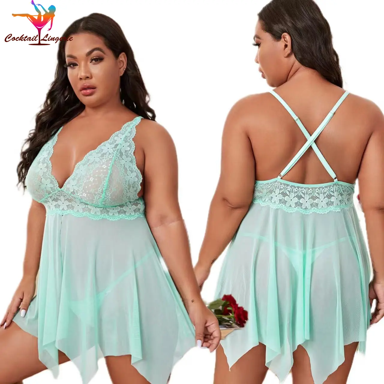 Conjunto sexy lingerie feminina plus size, babydoll, roupa íntima, renda, plus size, com frente azul, aberta