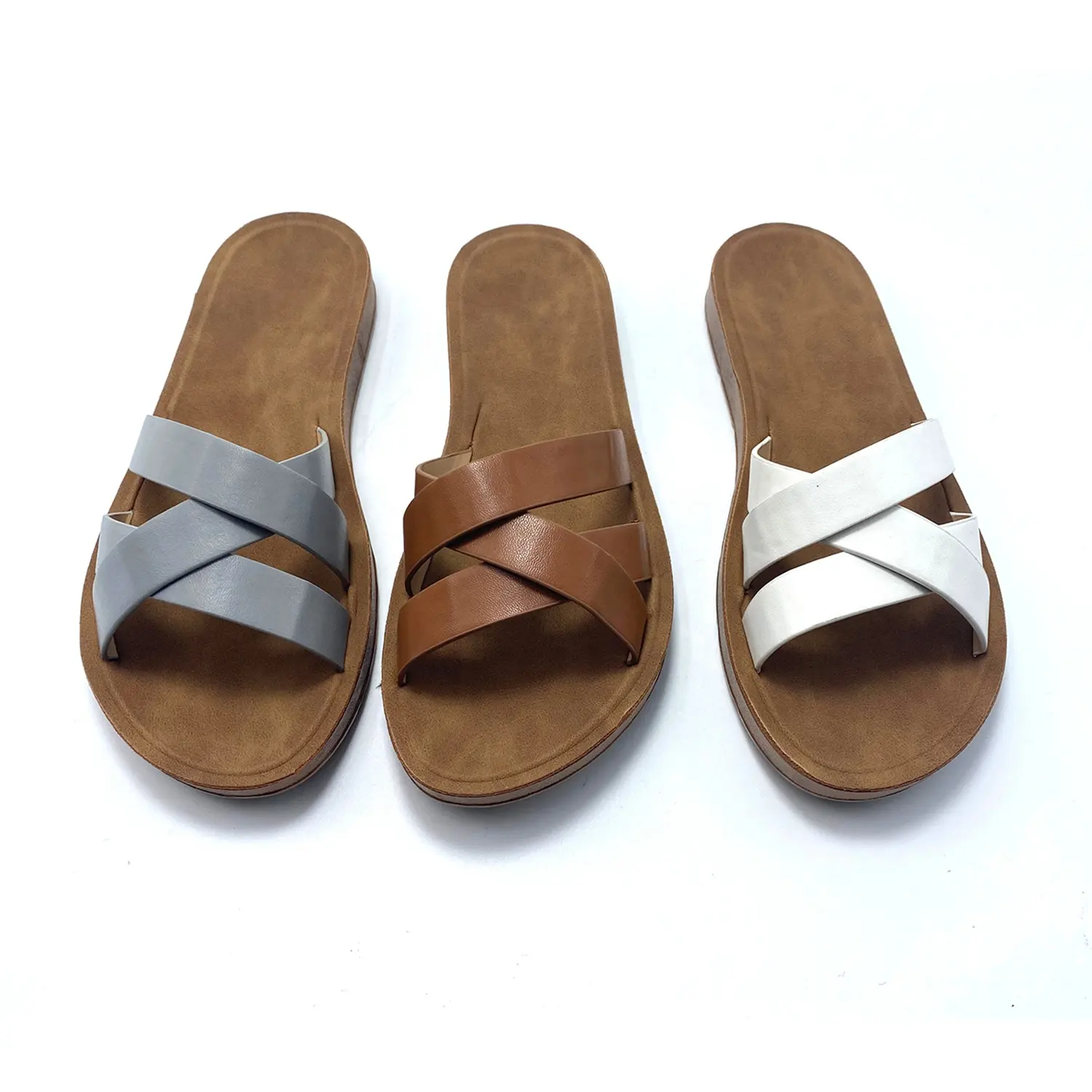 Zapatos de verano Zapatos de las mujeres de cuero de imitación zapatillas último diseño plano tejido Cruz Correa señoras Flip Flops, sandalias