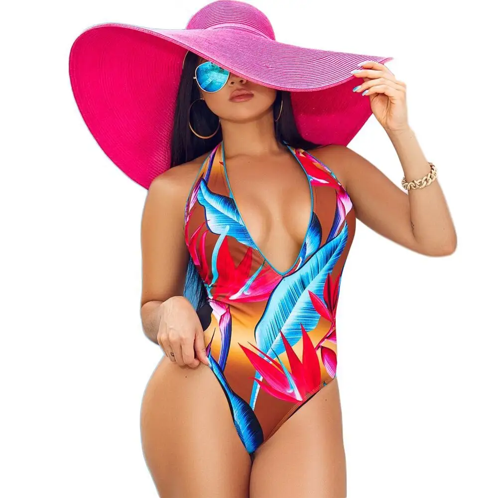 Bañador Sexy de una pieza para mujer, Monokini con estampado de hojas de arce de colores, traje de baño de playa con cuello en V profundo