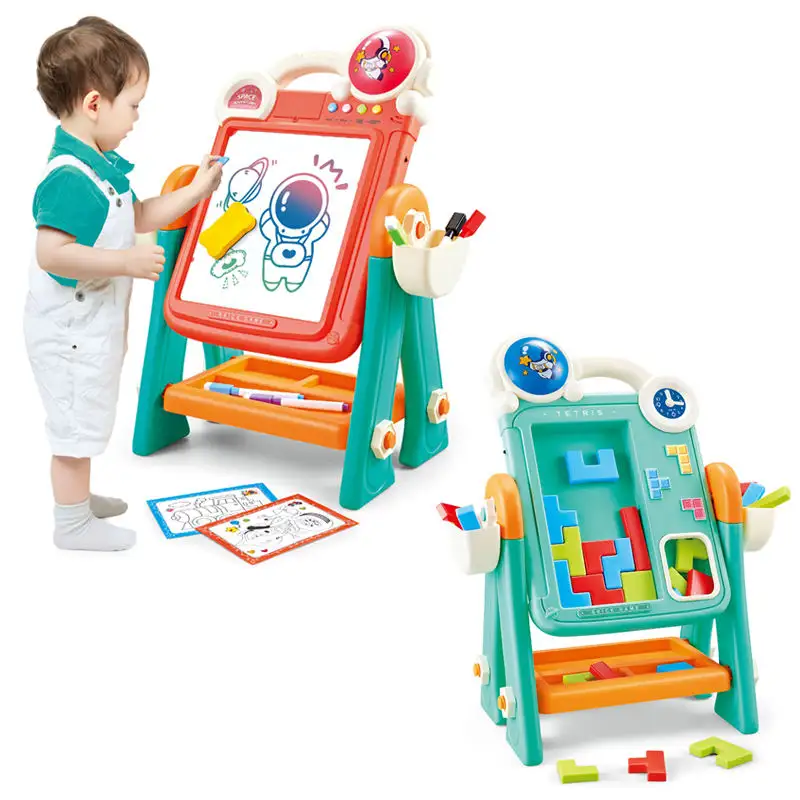 Bolígrafo multicolor 2 en 1, juego de ladrillo educativo electrónico de doble cara, mesa de pintura de juguete para niños, tablero de dibujo mágico DIY con música