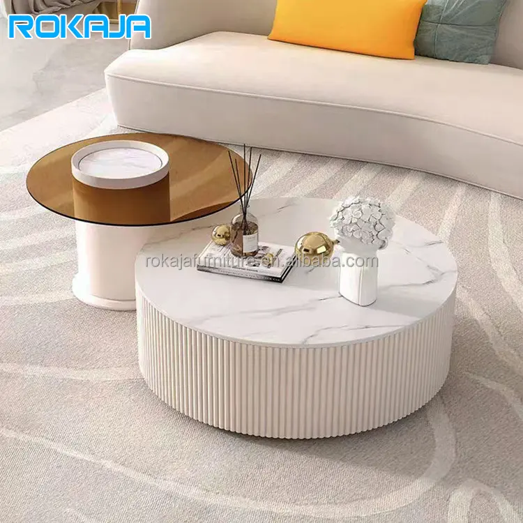 Mesa de centro de losa de Roca de madera de estilo minimalista de nuevo diseño, muebles de sala de estar elegantes, mesa de centro con mesa auxiliar de cristal