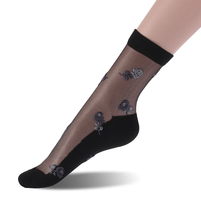 2023 Cristal Sock Sheer Fino Transparente Ice Seda Black Lace Ankle Flower Meias Mulheres