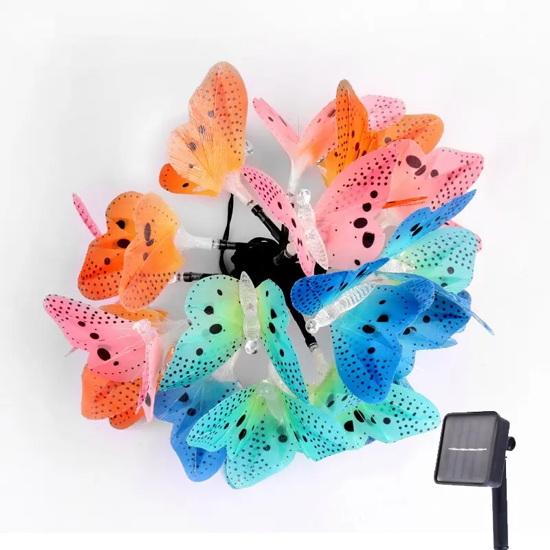 Lumières solaires décoratives de ficelle de papillon de fibre optique multicolore de 12 LED pour d'intérieur et extérieur