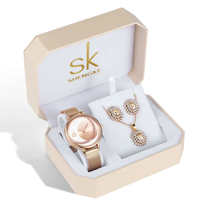 SHENGKE SK Роскошные ювелирные часы набор браслеты и браслеты часы Серьги Ожерелье Ювелирные наборы коробка платье набор часов 95001