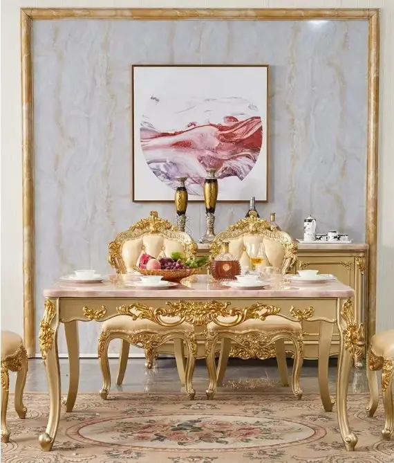 Table de fleurs en bois massif doré au design classique européen avec plateau en marbre pour salle à manger