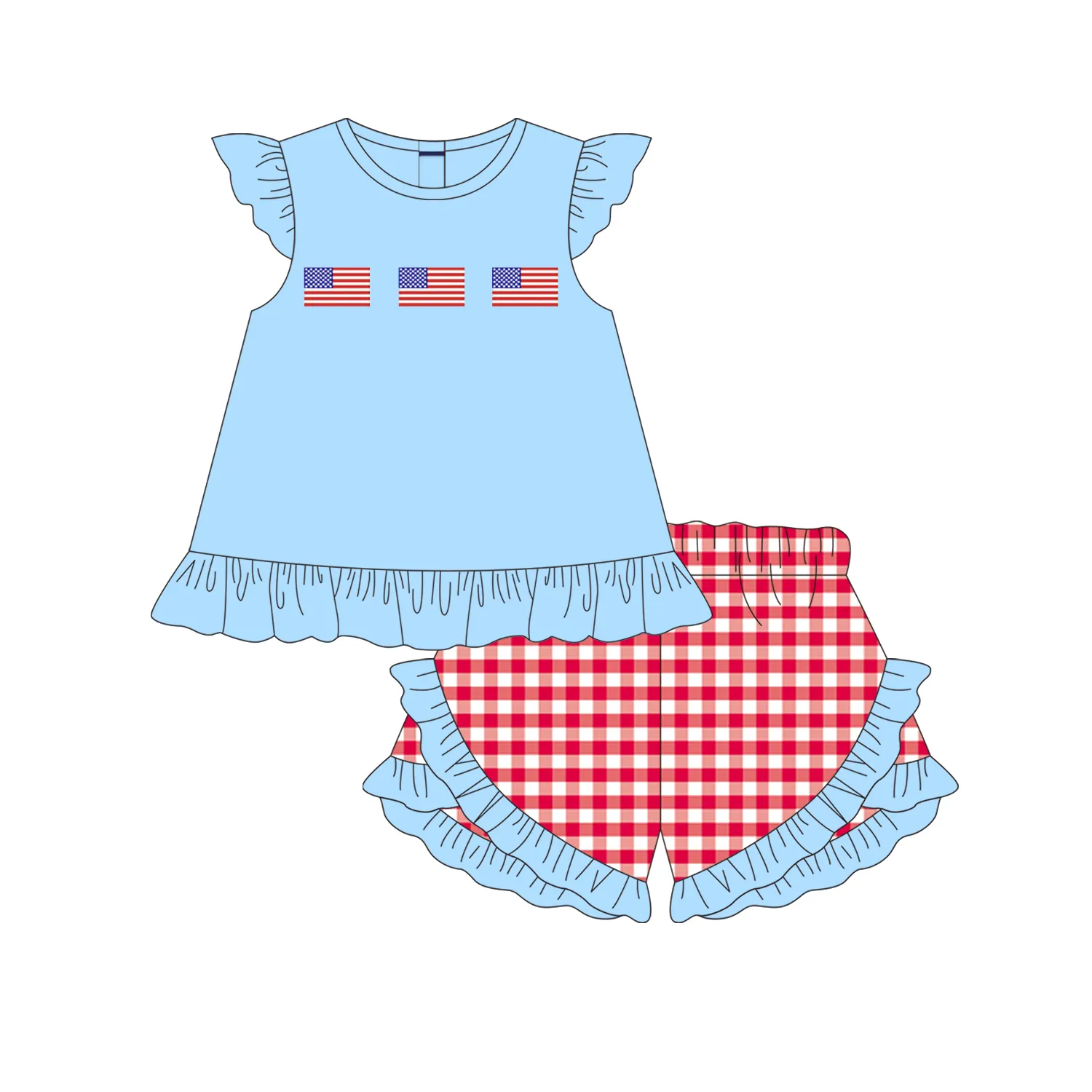Ropa ahumada para niños, conjuntos de ropa de boutique del 4 de julio para niñas, manga de farol festoneado, nuevo diseño, 2023
