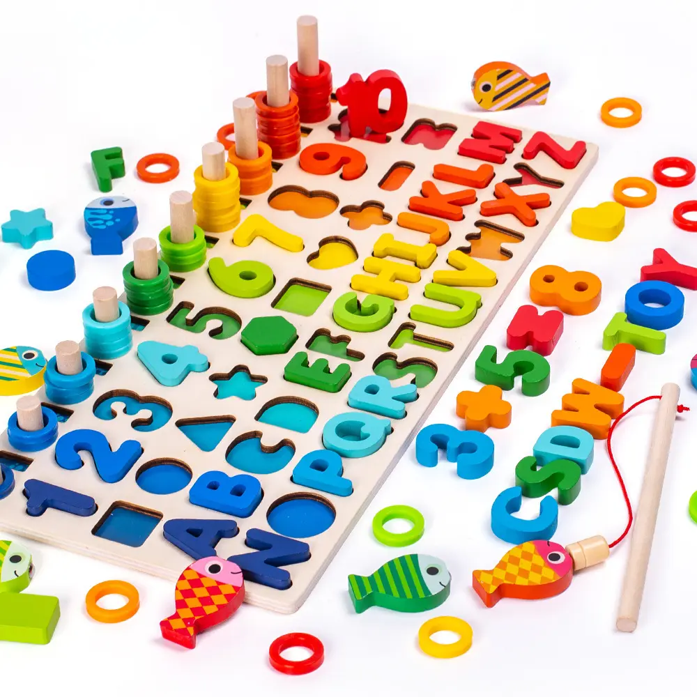 Gioco di pesca magnetico in legno per bambini che imparano la matematica giocattolo educazione alfabeto numero geometria cognitiva Stacking Puzzle