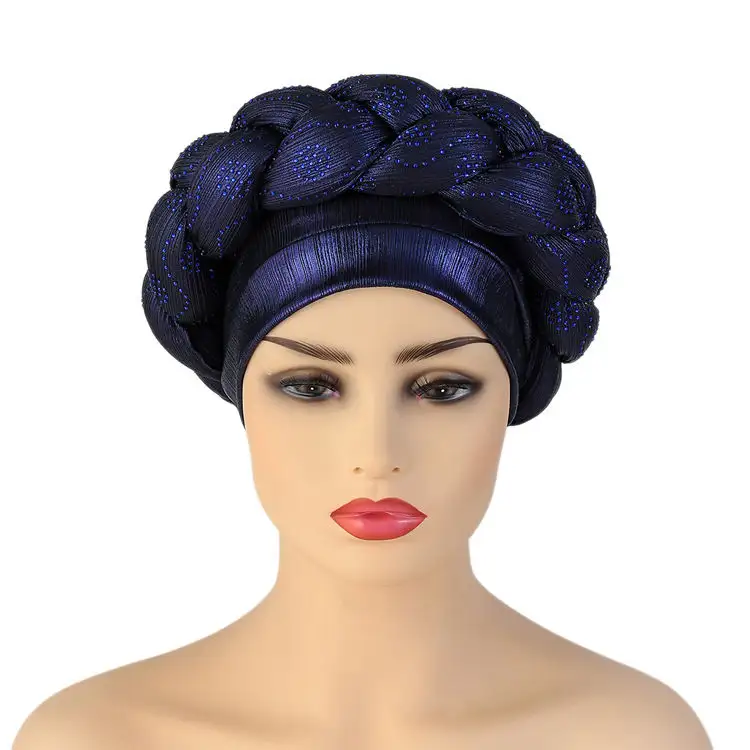 Afrika türban kadınlar için düğüm Headwrap Twisted örgü saç kapağı önceden bağlı Bonnet bere şapka kadınlar kızlar için siyah lacivert