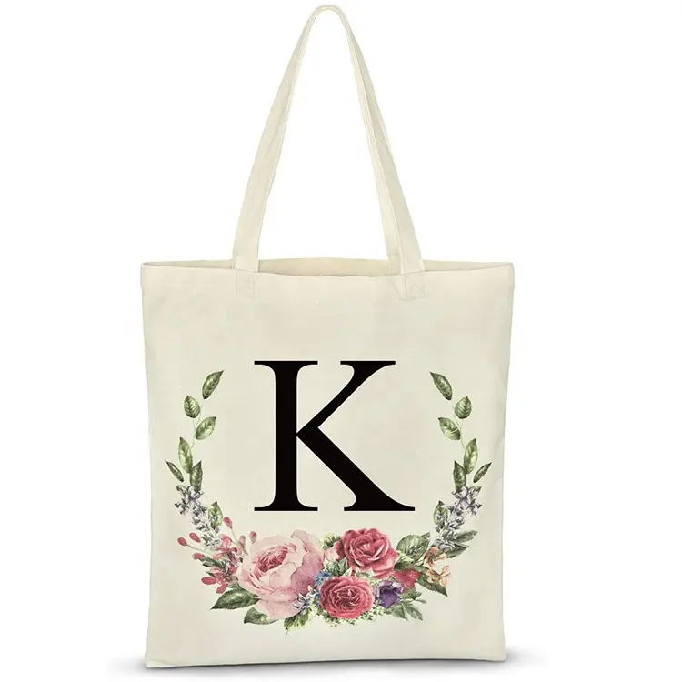 Personalized sublimation full colors printing Floral Initial Tote Bags for Cotton Canvas Tote Bags