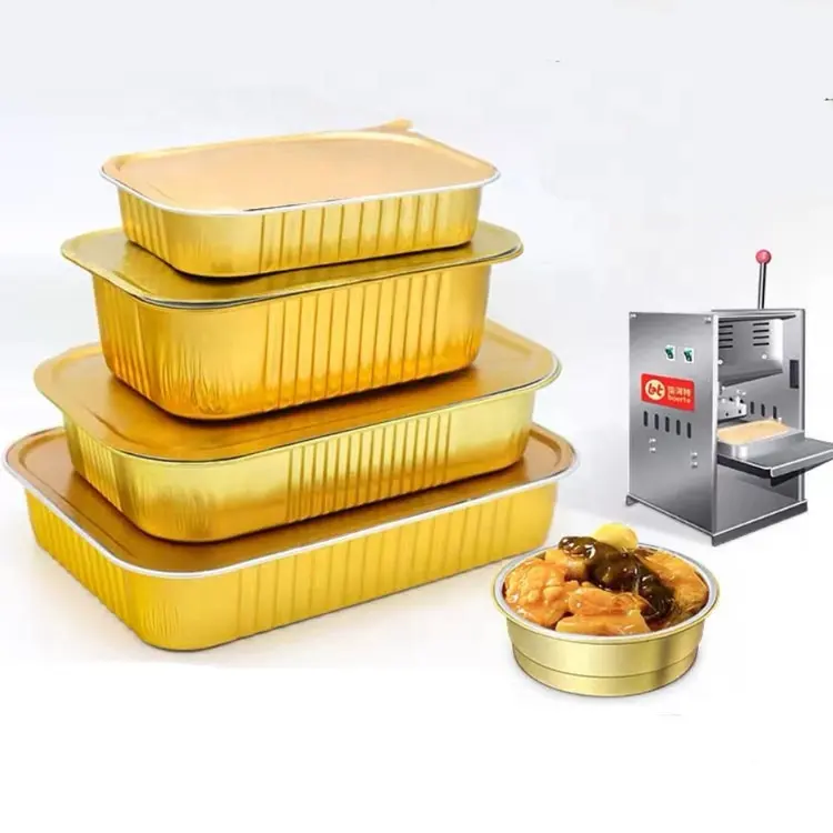 Golden Aluminium Foil Trays Tin Foil Box Disposable Round BBQ With Lid Takeaway Bento Lunch Container