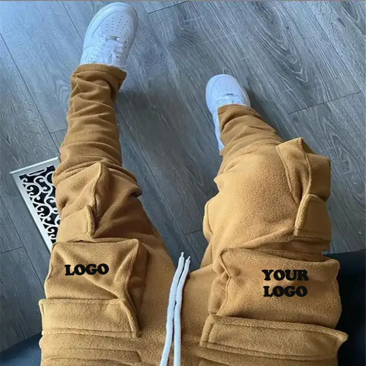 Özel kargo pantolon rahat uzun erkek polar artı boyutu çok çanta Mens yan cepler ile yığılmış Joggers ter pantolon Streetwear