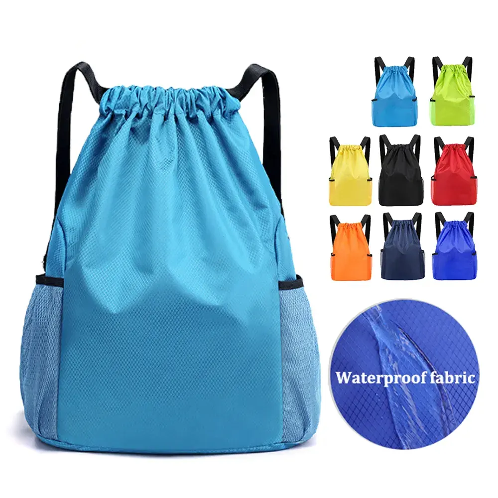 Venta al por mayor logotipo personalizado impreso impermeable poliéster Nylon tienda gimnasio deporte mochila bolsas con cordón