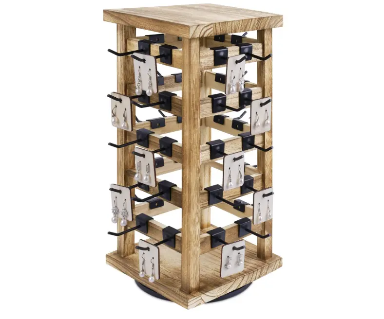 Natural Wood Rotating Jewelry Storage Display with 42 Hooks Wooden Hanging Accessories Tower