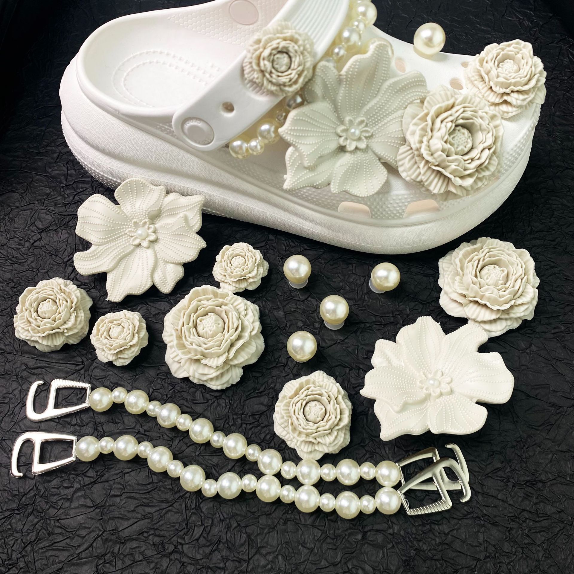 Chaîne de perles blanches en os de bouquet-14 pièces boucle sans chaussures