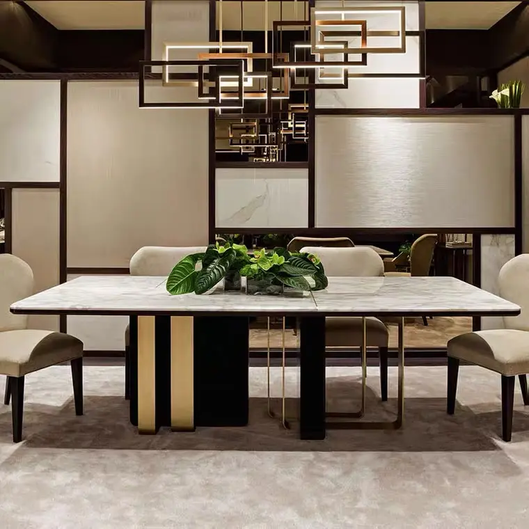 Apartamento móveis casa retangular simples moderno aço inoxidável quadro mármore mesa de jantar