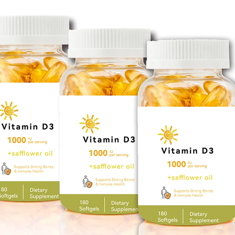 EU ESTOQUE BULK JHD cGMP fábrica vitamina D3 softgel 1000UI vitamina d3 cápsulas moles com óleo de cártamo