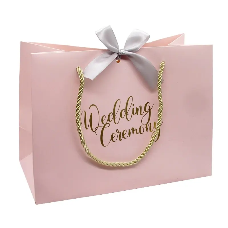 Stampa personalizzata di lusso Boutique rosa cerimonia di nozze confezione regalo sacchetto di carta per lo Shopping con manico a nastro per piccole imprese