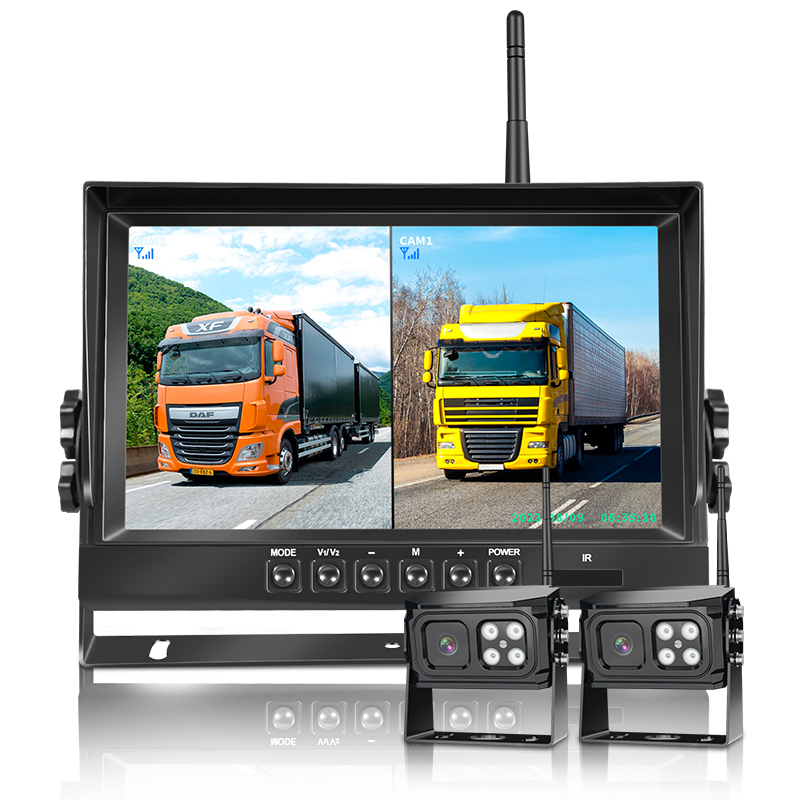 Pantalla inalámbrica dual de 9 pulgadas + 2 cámaras de respaldo inalámbricas