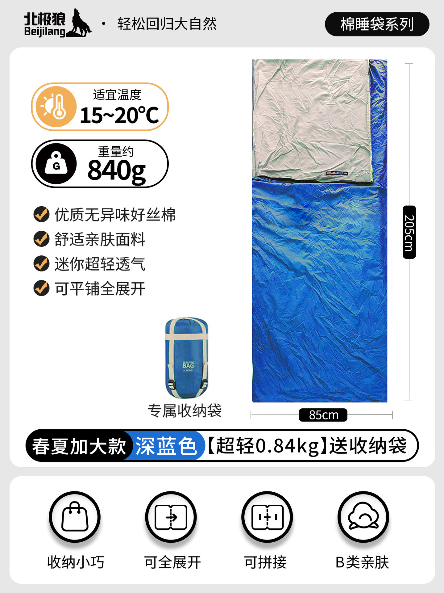 Sac de couchage bleu foncé 840g