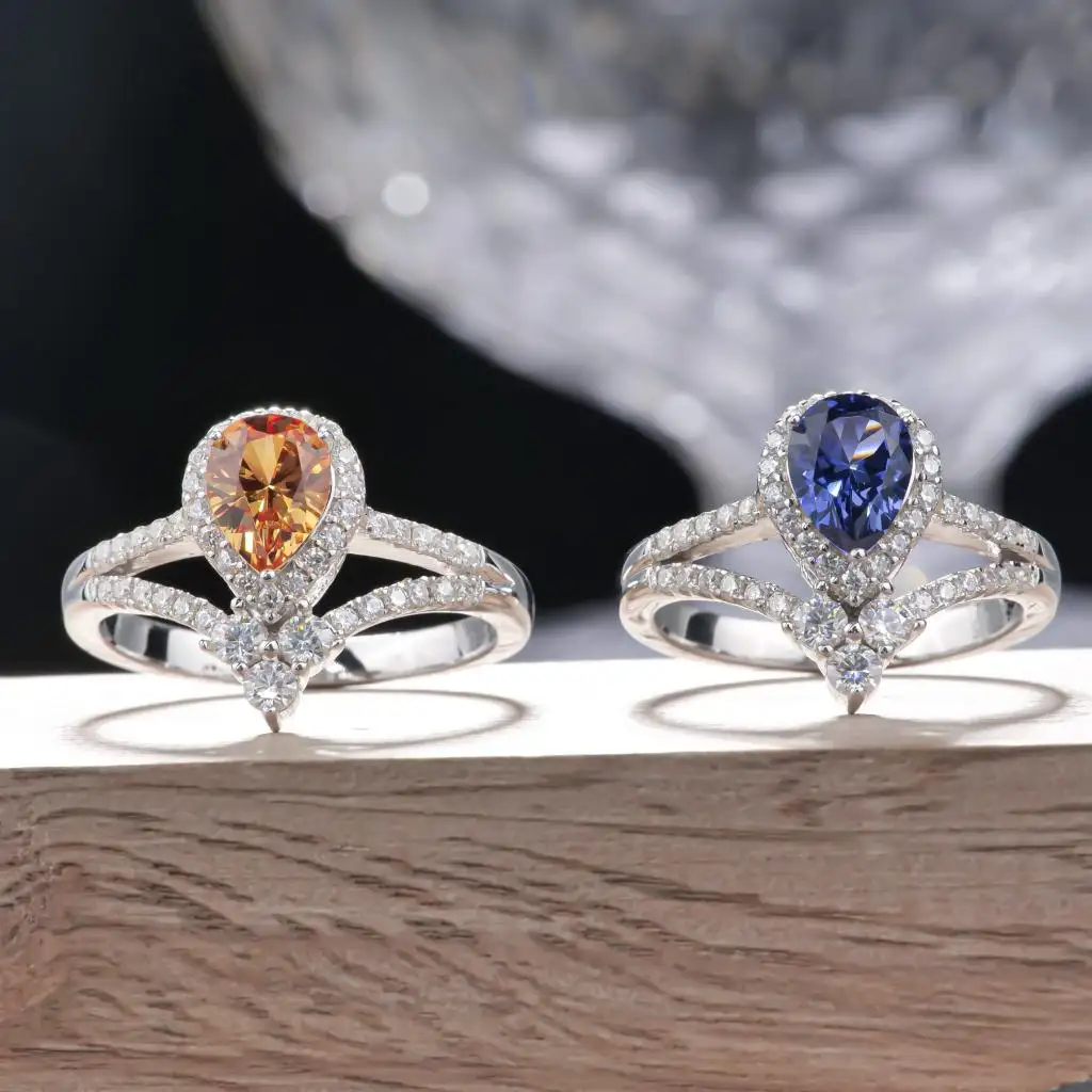 LOKKEI perhiasan Lab dibuat safir cincin pir memotong batu permata setengah keabadian Moissanite berlian pertunangan cincin pernikahan untuk wanita
