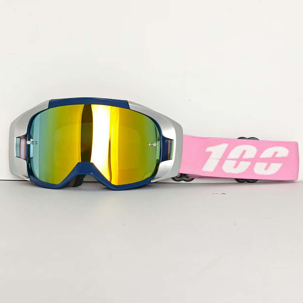 Gafas rojas con montura azul grisáceo.