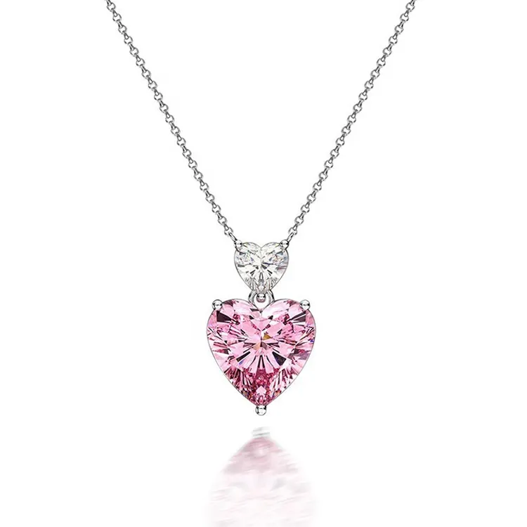 Perhiasan Wanita Desainer Kristal Pink Hati Batu Permata 925 Perak Murni Kalung Berlian Moissanite Warna-warni Kalung Liontin
