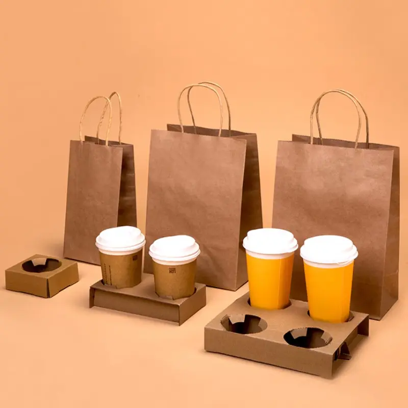 Sacchetti di carta Kraft per il cibo del ristorante estrarre il portabicchieri da asporto con sacchetto di carta logo personalizzato sacchetto di carta per l'imballaggio della tazza di caffè