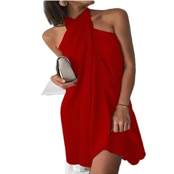 Vestido de noche formal para mujer, elegante, rojo, sin mangas, abertura