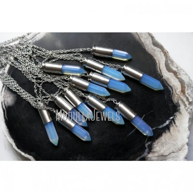 NM40777 Opalite Crystal Bullet 9mm Luger Silver Shell Necklace Glowing Opalite Point Stuffed Bullet Casing Necklace