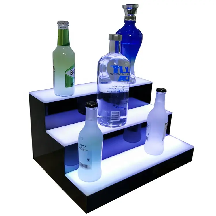 Estante de exhibición de botellas de licor iluminado con LED, 16 ", 3 escalones, acrílico de 3 niveles