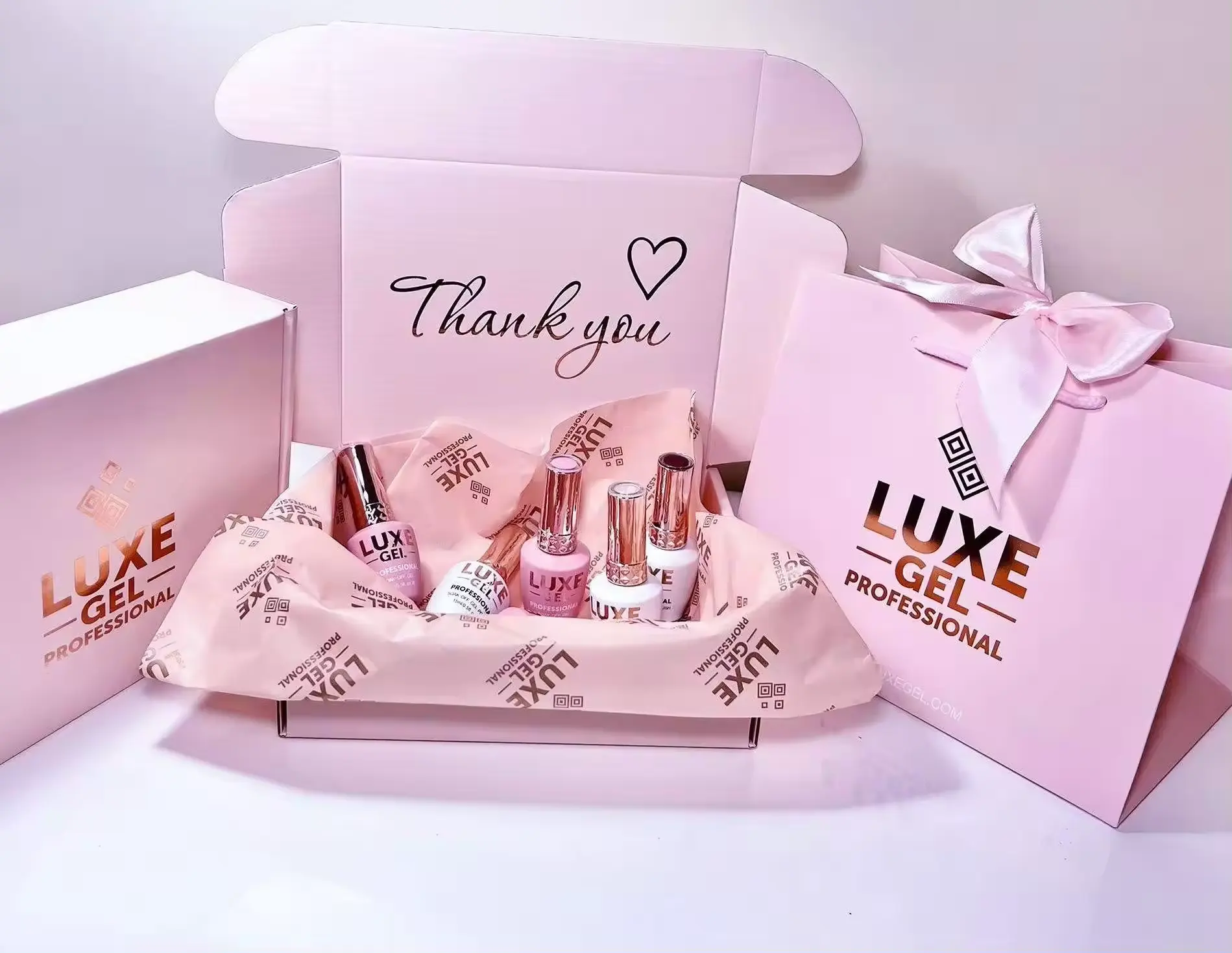 छोटे व्यवसाय के लिए कस्टम लोगो उपहार बॉक्स विग सौंदर्य प्रसाधन नेल आर्ट पैकेजिंग पेपर बैग रैपिंग टिशू पेपर गुलाबी पेपर बॉक्स सेट