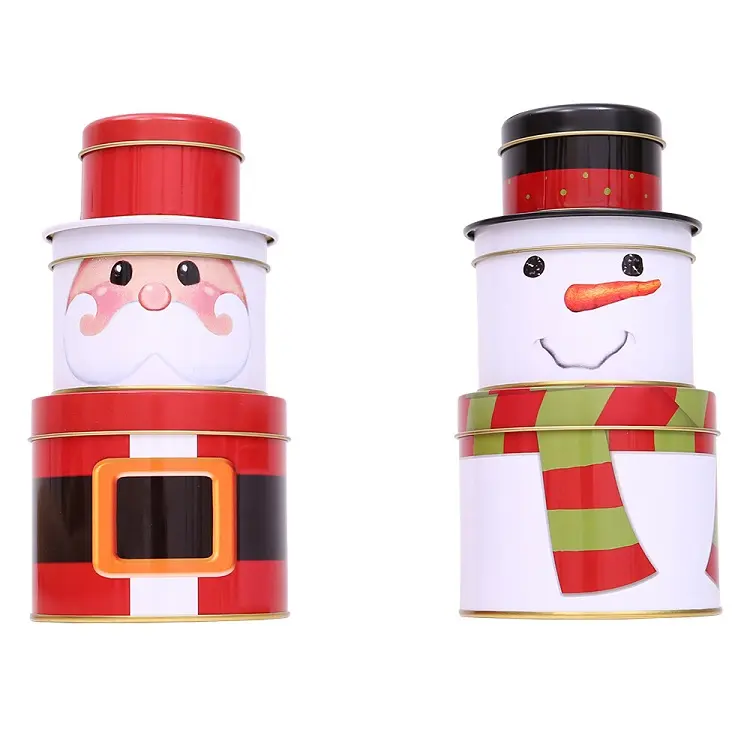 Venta al por mayor de hojalata redonda Santa muñeco de nieve Víspera de Navidad cajas apilables de almacenamiento de Metal adorno caramelo galleta Navidad lujo 3D caja de regalo