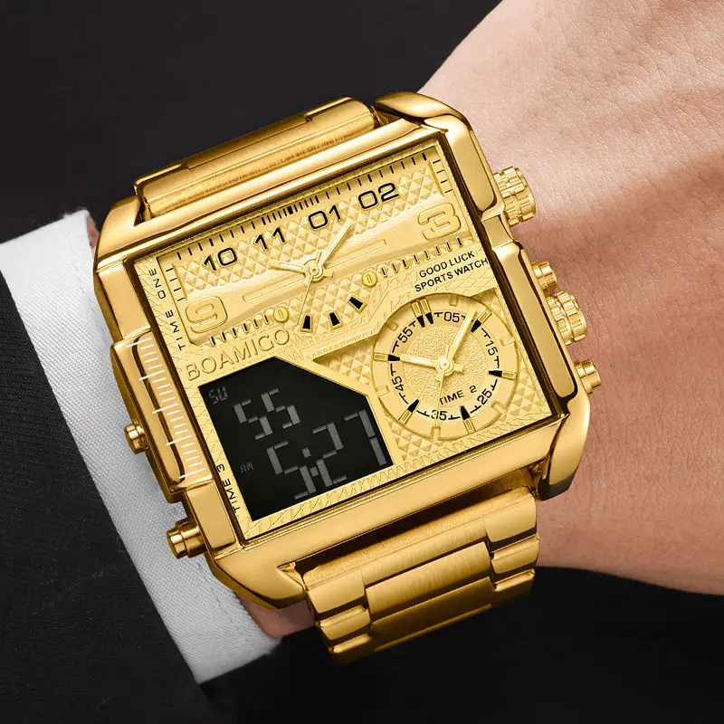 OEM ODM BOAMIGO 2021 nouveau haut marque de luxe mode hommes montres or acier inoxydable Sport carré numérique analogique grande montre à Quartz