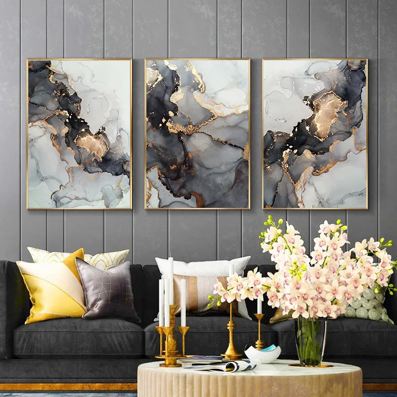 Pittura astratta moderna in marmo nero oro dipinto arte Fine stampe su tela immagini per soggiorno di lusso decorazione di arte della parete