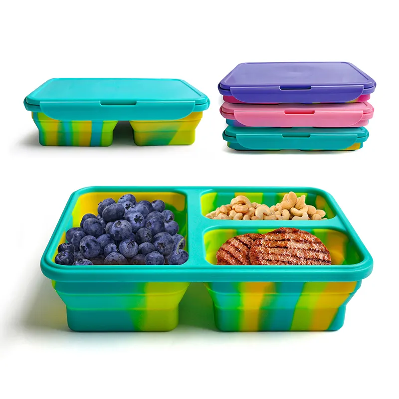 Vente en gros Boîtes à lunch en silicone portables à 3 compartiments Fournisseurs de récipients de stockage d'aliments chauds en silicone pour enfants pour adultes