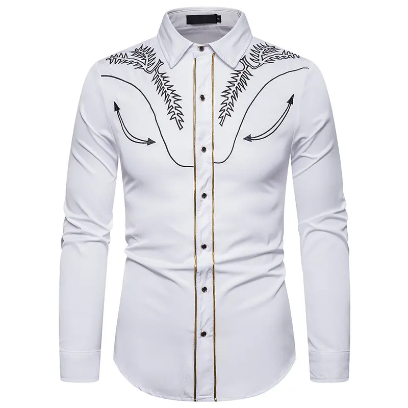 Men's Fashion Embroidered Slim Casual Long Sleeve Shirt, Men's Wedding Party Shirt