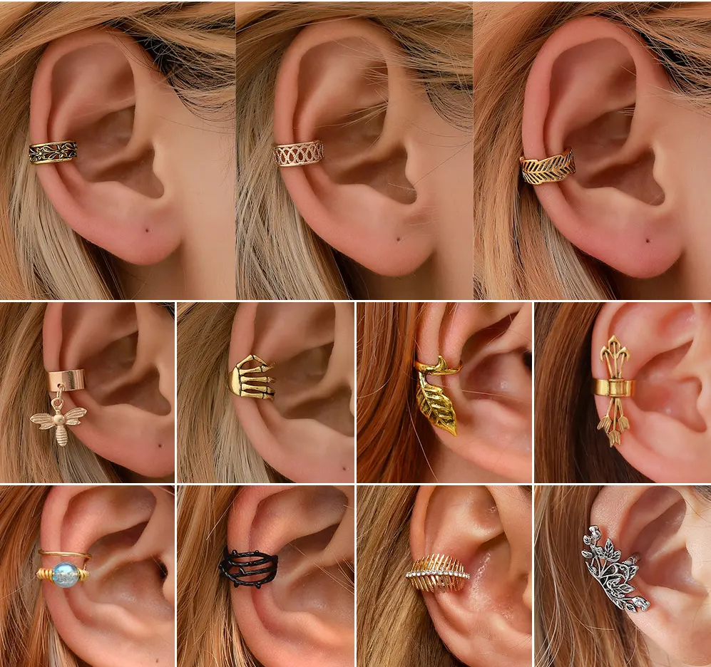 Joias da moda de ouro, não piercing de orelha, formato de osso, cartilagem em formato de c, envoltório de brinco pequeno, cuff sem piercing