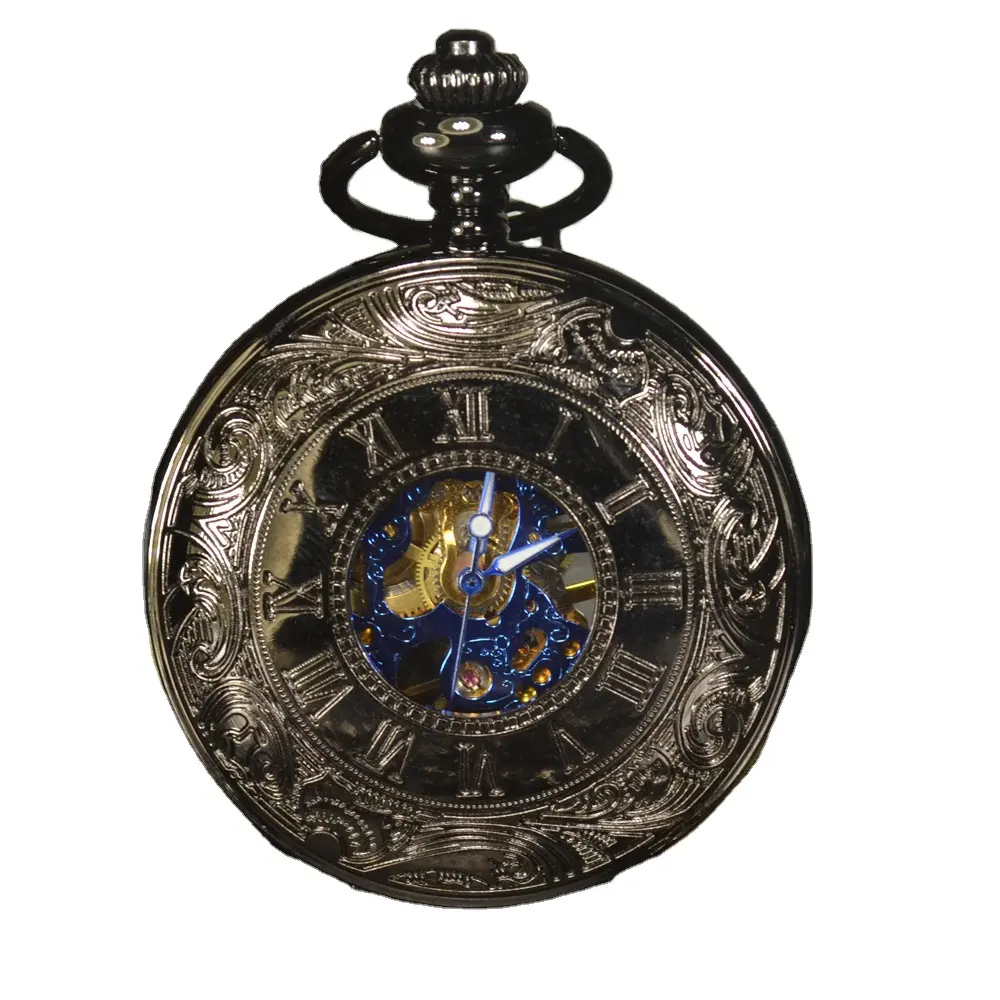 TIEDAN 블루 Steampunk 해골 기계식 포켓 시계 남성 골동품 럭셔리 브랜드 목걸이 포켓 & Fob 시계 체인 남성 시계