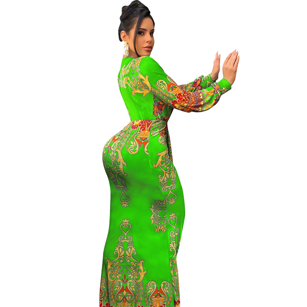 CM.YAYA Women Paisley Elegant Ruched Deep V-neck Long Sleeve Mermaid Bodycon Midi Maxi Dress Sexy Party Night Prom Long Dresses