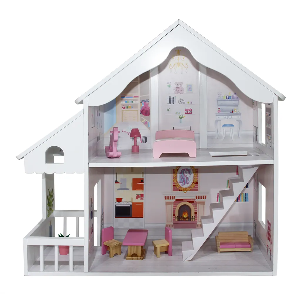 Atacado De Madeira Crianças Diy Crianças eco friendly Móveis Princesa Pequena casa de bonecas dols Casa brinquedos com 8pcs mini móveis