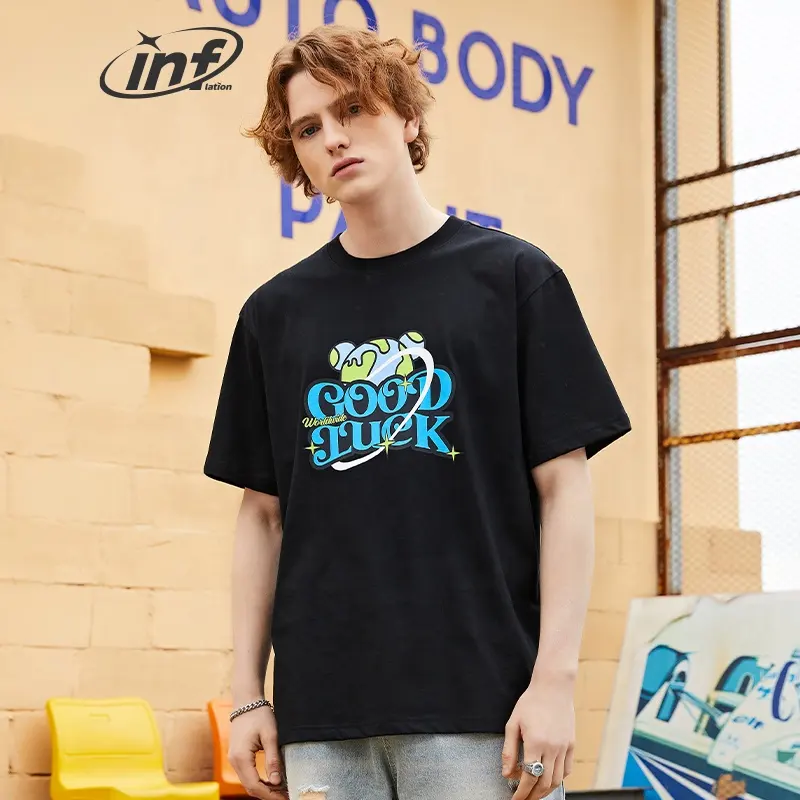 INFLATION Funny Carton 220G 100% cotone Fabtic Oversize tshirt Black Men Streetwear t-shirt