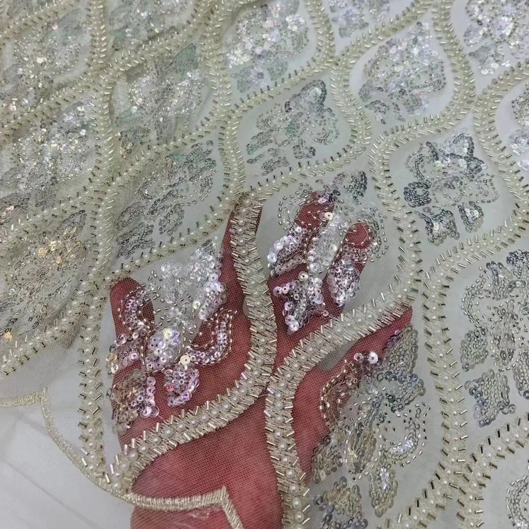 Supoo-tela de encaje para vestido de novia, bordado de perlas, elegante, de alta calidad