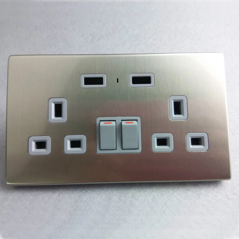 Delviz — prise USB UK en acier inoxydable avec bouton de commande, Double prise UK et Double prise USB