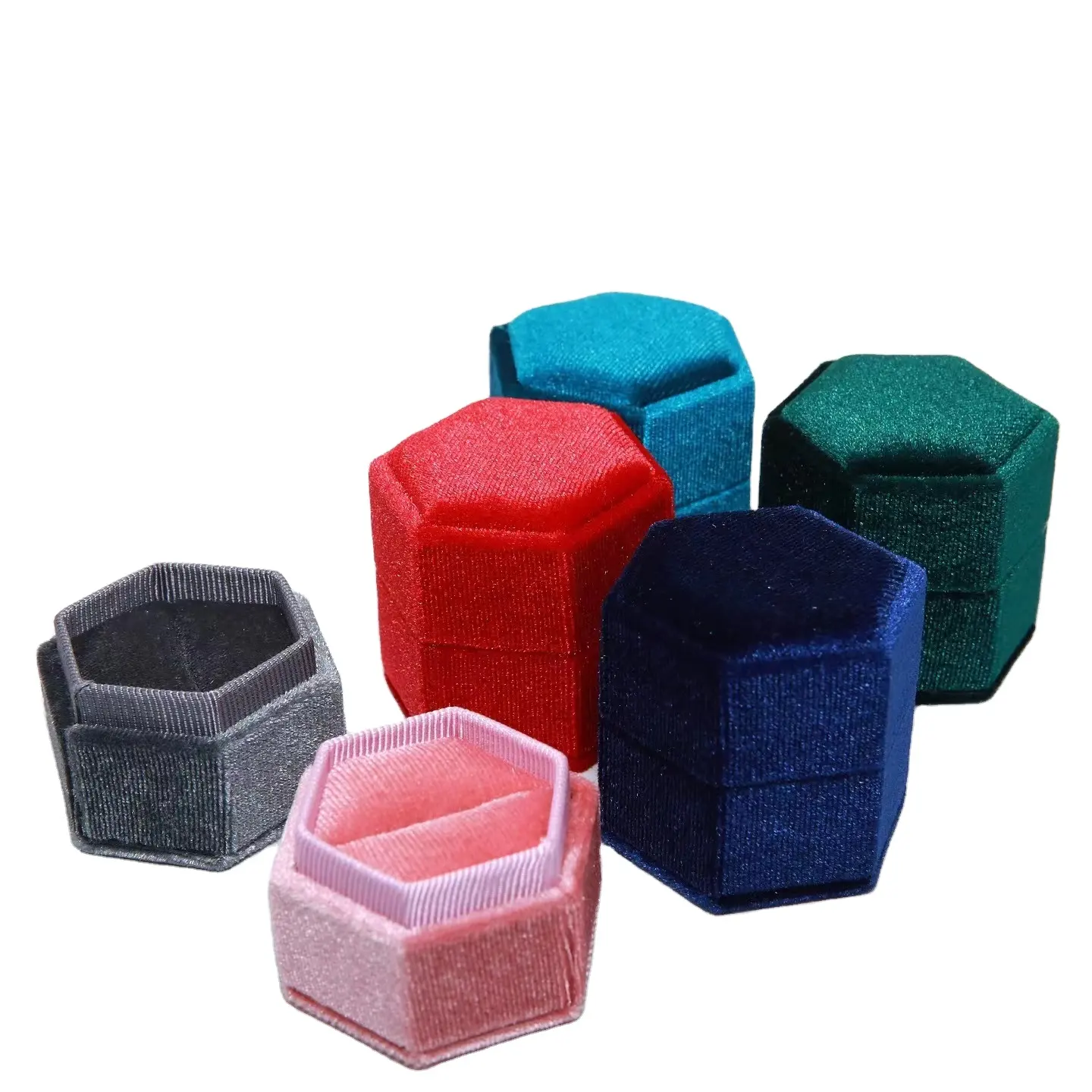 Caja de anillo Hexagonal de pana creativa, gran número de cajas de joyería